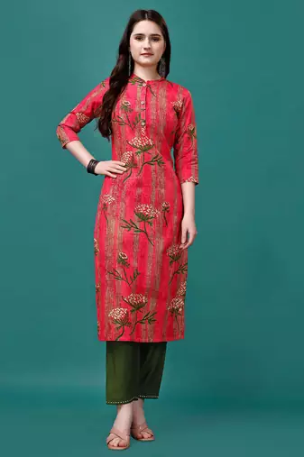 Pink rayon straight floral printed casual kurta for women