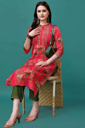 Pink rayon straight floral printed casual kurta for women