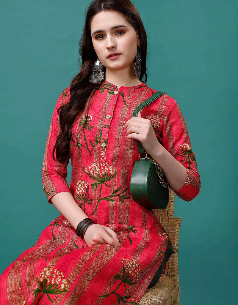 Pink rayon straight floral printed casual kurta for women