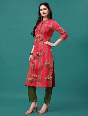 Pink rayon straight floral printed casual kurta for women 5