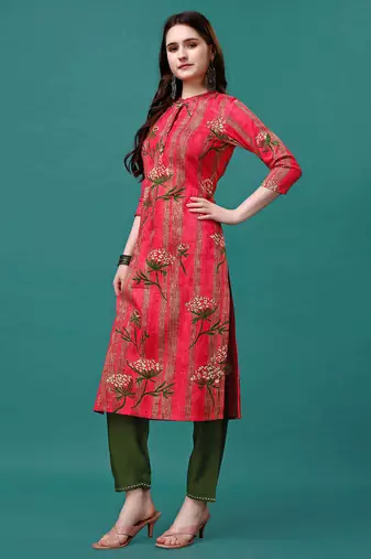 Pink rayon straight floral printed casual kurta for women