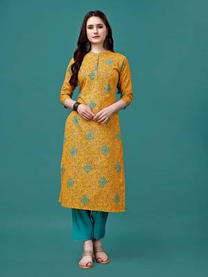 Yellow rayon straight floral printed casual kurta for women 1