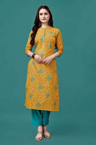 Yellow rayon straight floral printed casual kurta for women