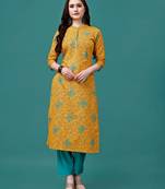 Yellow rayon straight floral printed casual kurta for women