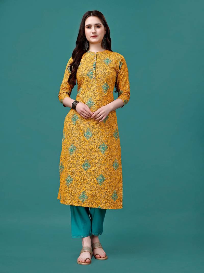 Yellow rayon straight floral printed casual kurta for women