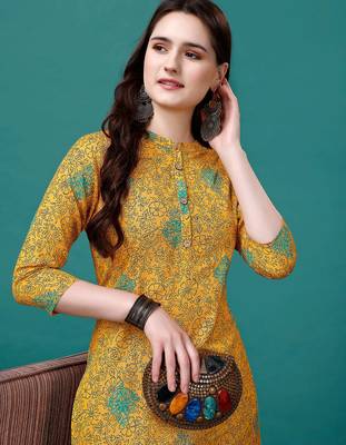 Yellow rayon straight floral printed casual kurta for women 2