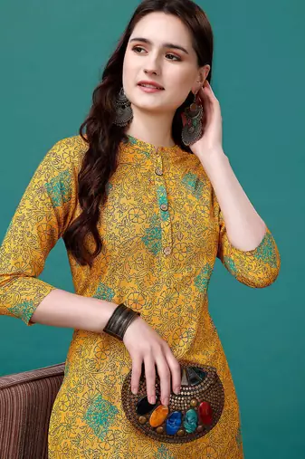 Yellow rayon straight floral printed casual kurta for women