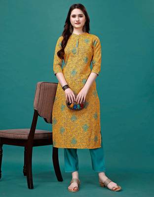 Yellow rayon straight floral printed casual kurta for women 3