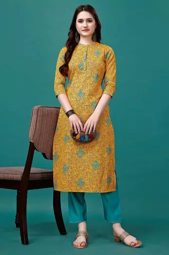 Yellow rayon straight floral printed casual kurta for women