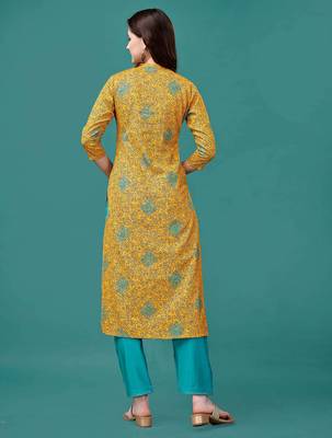 Yellow rayon straight floral printed casual kurta for women 4