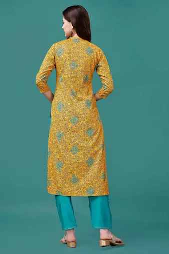 Yellow rayon straight floral printed casual kurta for women