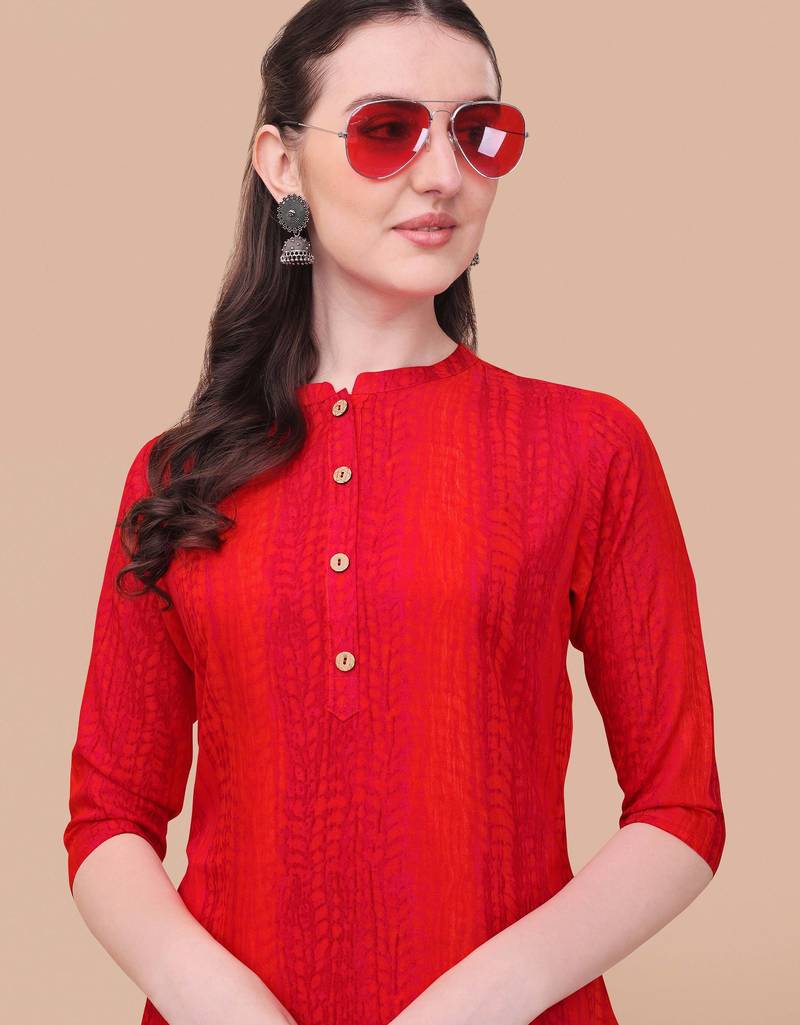 Red rayon straight tie dye printed casual kurta for women