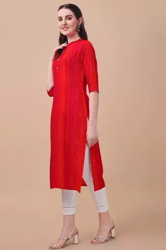 Red rayon straight tie dye printed casual kurta for women