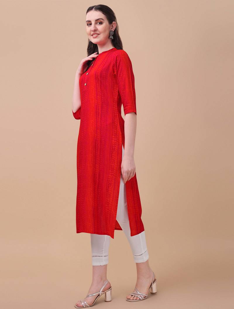 Red rayon straight tie dye printed casual kurta for women