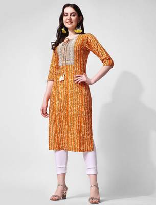Mustard rayon straight stripes printed casual kurta for women 1