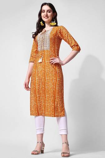Mustard rayon straight stripes printed casual kurta for women
