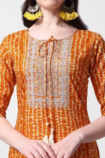 Mustard rayon straight stripes printed casual kurta for women
