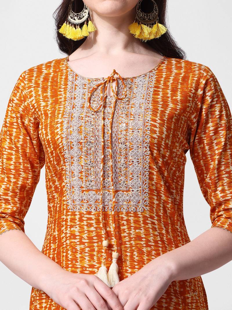 Mustard rayon straight stripes printed casual kurta for women