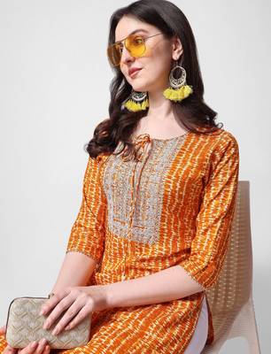 Mustard rayon straight stripes printed casual kurta for women 3