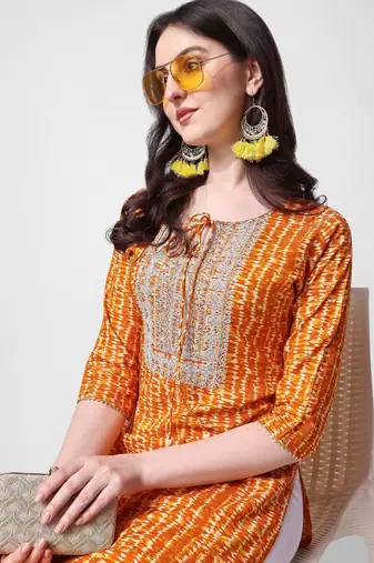 Mustard rayon straight stripes printed casual kurta for women