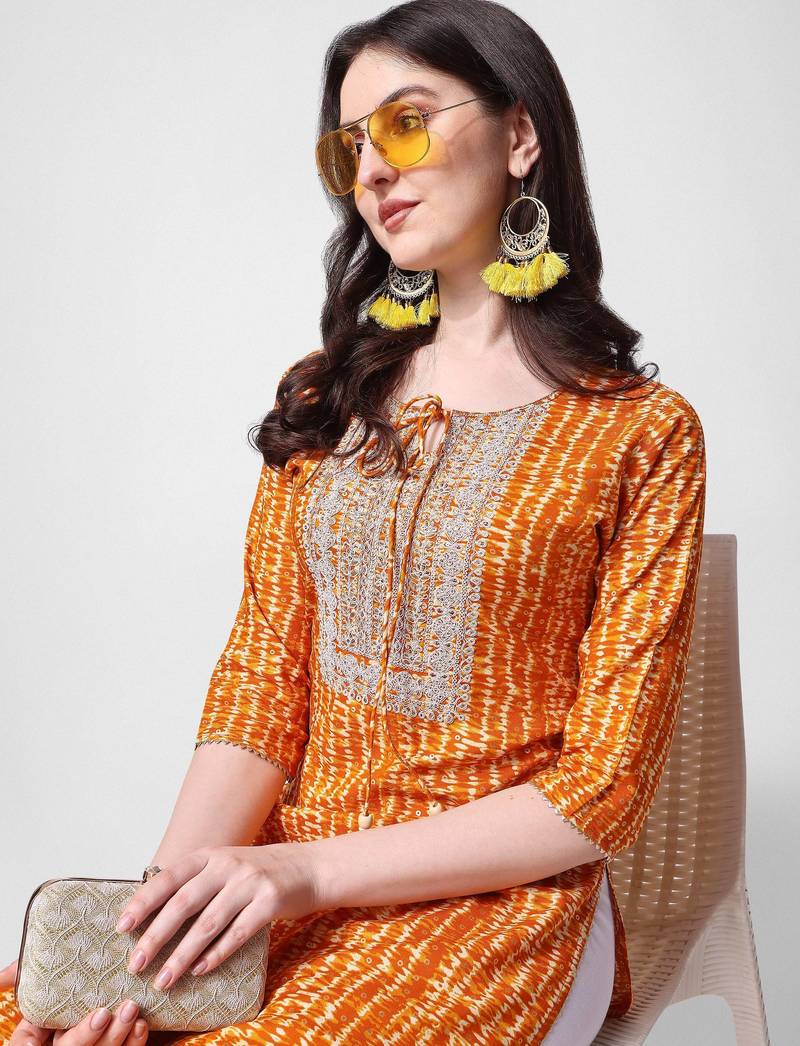 Mustard rayon straight stripes printed casual kurta for women