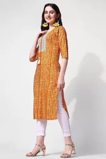 Mustard rayon straight stripes printed casual kurta for women