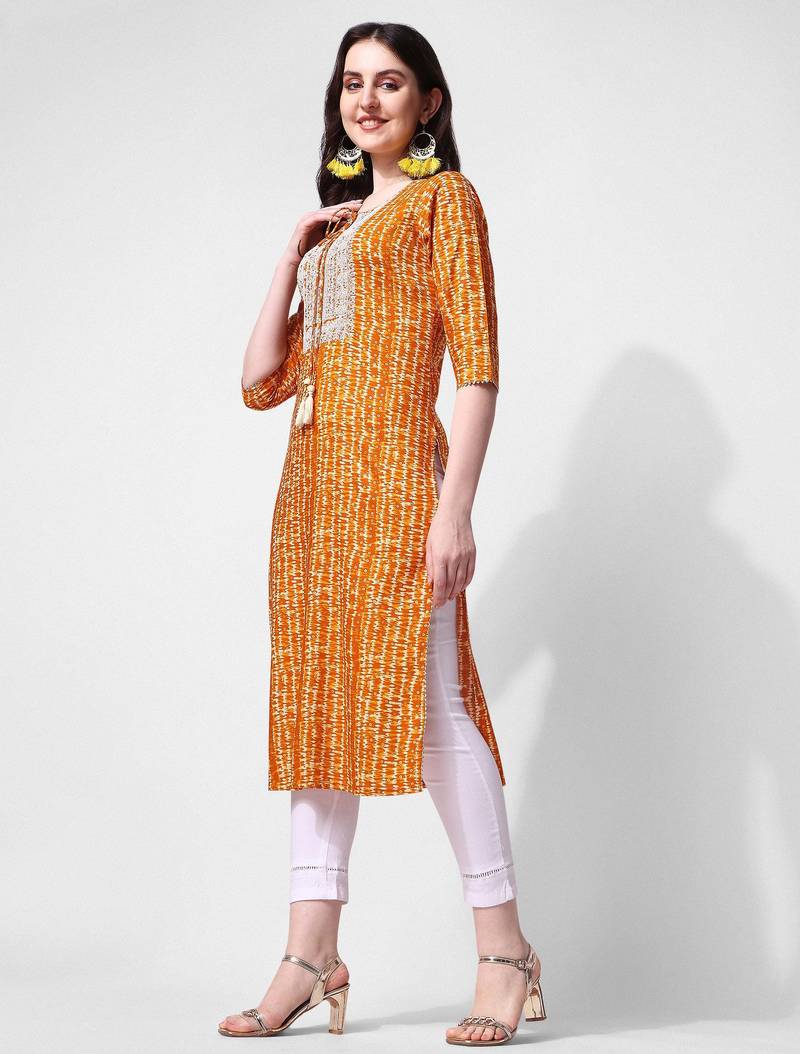 Mustard rayon straight stripes printed casual kurta for women