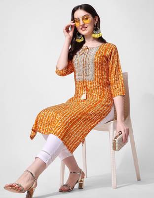 Mustard rayon straight stripes printed casual kurta for women 5