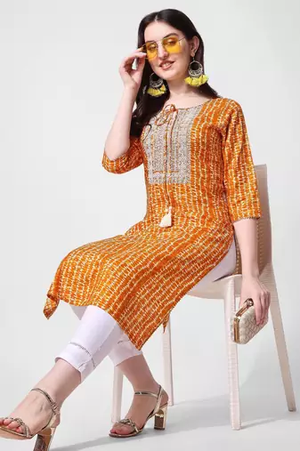Mustard rayon straight stripes printed casual kurta for women