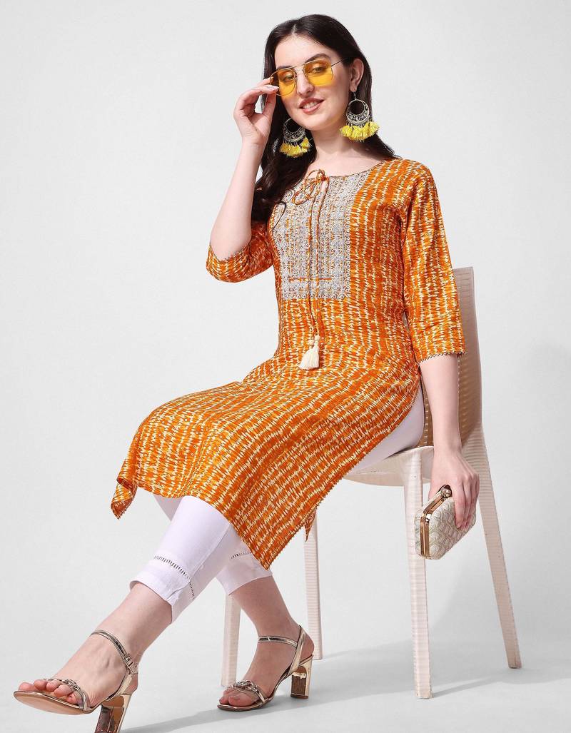 Mustard rayon straight stripes printed casual kurta for women