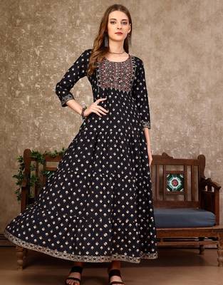 Black rayon fit &flared floral printed casual kurta for women 1