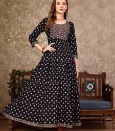 Black rayon fit &flared floral printed casual kurta for women