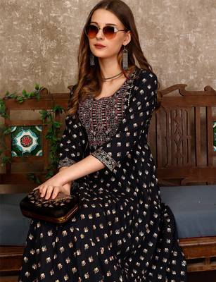 Black rayon fit &flared floral printed casual kurta for women 2