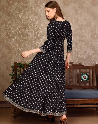 Black rayon fit &flared floral printed casual kurta for women 3