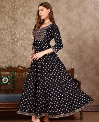 Black rayon fit &flared floral printed casual kurta for women 5