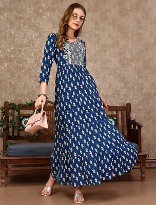 Blue rayon fit &flared floral printed casual kurta for women 1