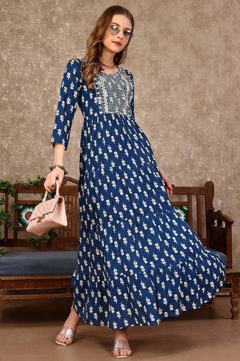 Blue rayon fit &flared floral printed casual kurta for women