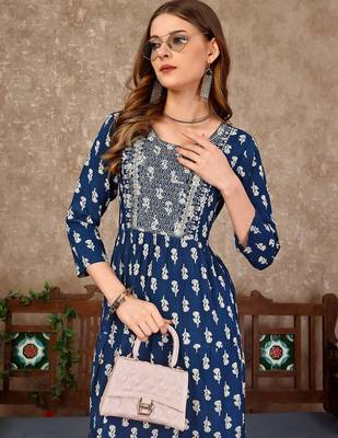 Blue rayon fit &flared floral printed casual kurta for women 2