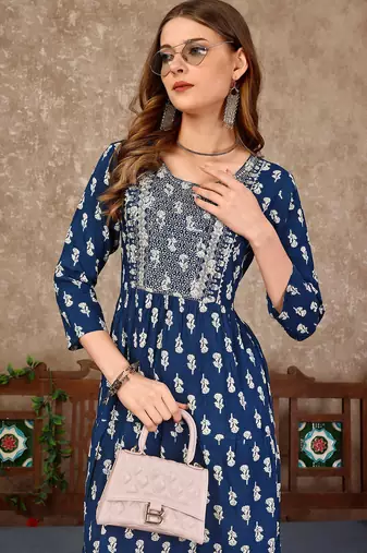 Blue rayon fit &flared floral printed casual kurta for women