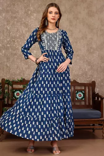 Blue rayon fit &flared floral printed casual kurta for women