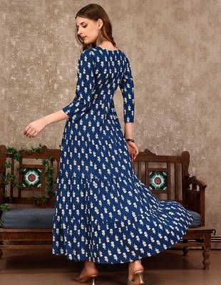 Blue rayon fit &flared floral printed casual kurta for women 4