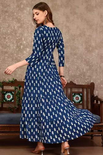 Blue rayon fit &flared floral printed casual kurta for women