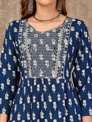 Blue rayon fit &flared floral printed casual kurta for women 5