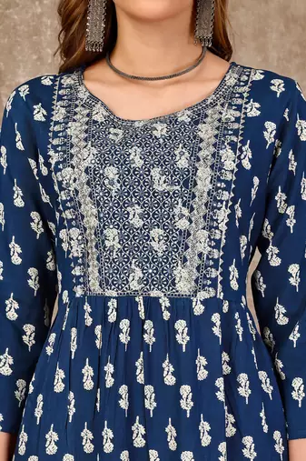 Blue rayon fit &flared floral printed casual kurta for women