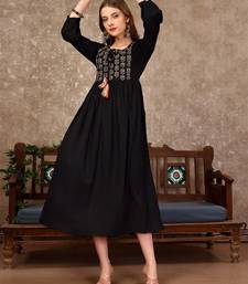 Black rayon fit &flared thread work plain casual kurta for women