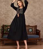 Black rayon fit &flared thread work plain casual kurta for women