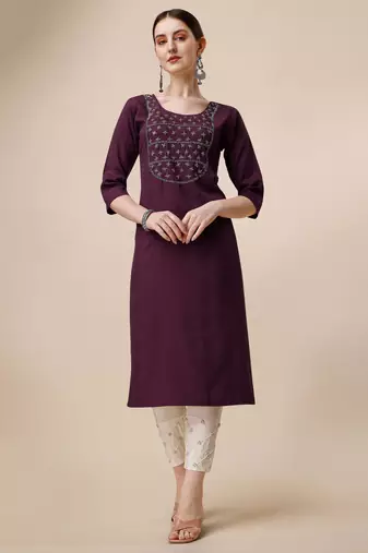 Wine rayon straight zardosi work plain casual kurta for women