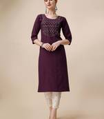 Wine rayon straight zardosi work plain casual kurta for women