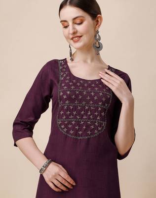 Wine rayon straight zardosi work plain casual kurta for women 2