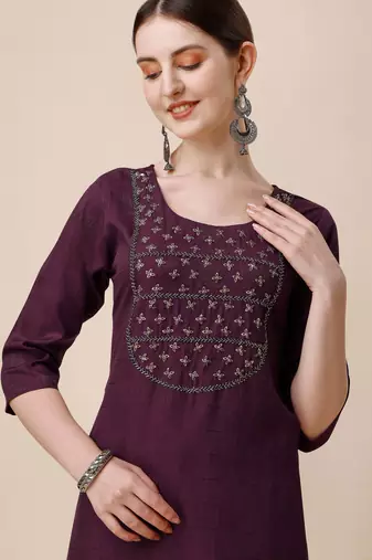 Wine rayon straight zardosi work plain casual kurta for women
